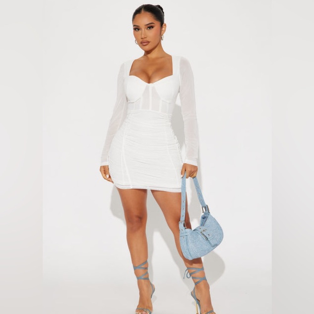 Fashion Nova White Long Sleeve Bustier Bodysuit Dress Jenni Mesh Mini Dres